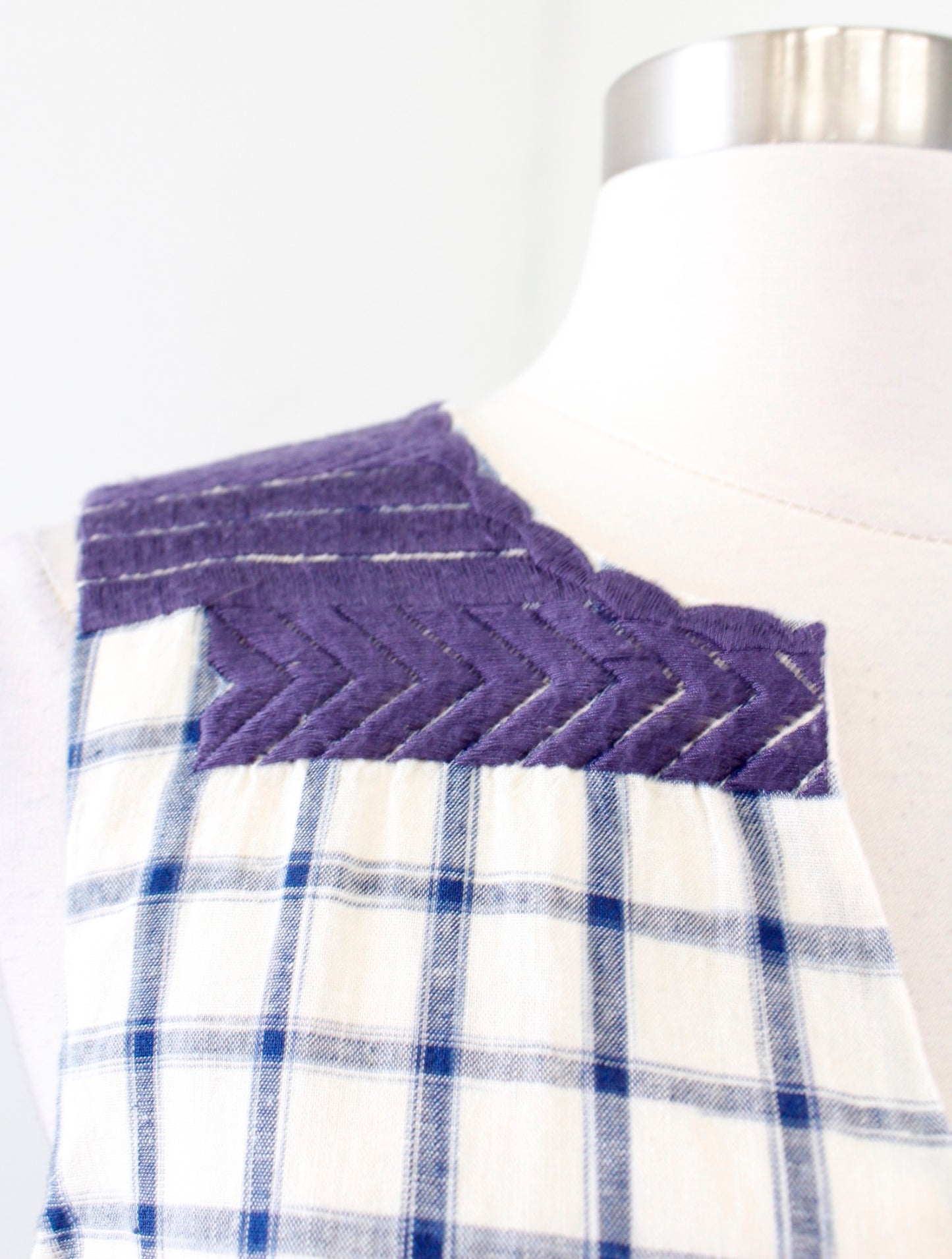 Madewell Sunray Window Pane Plaid Printed Embroidered Shift Dress Size S Linen