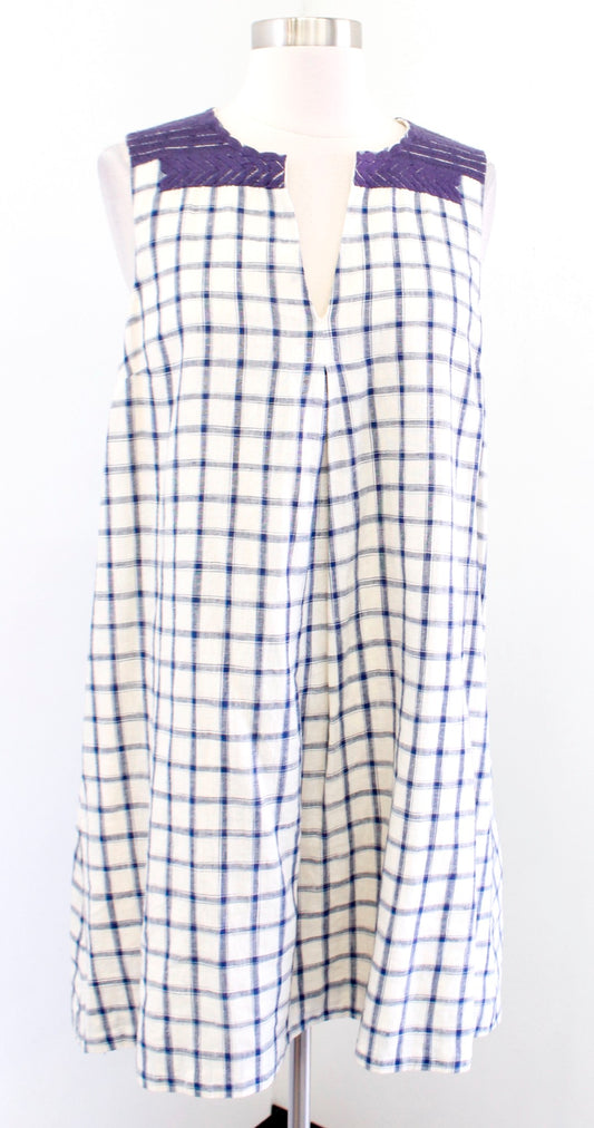 Madewell Sunray Window Pane Plaid Printed Embroidered Shift Dress Size S Linen