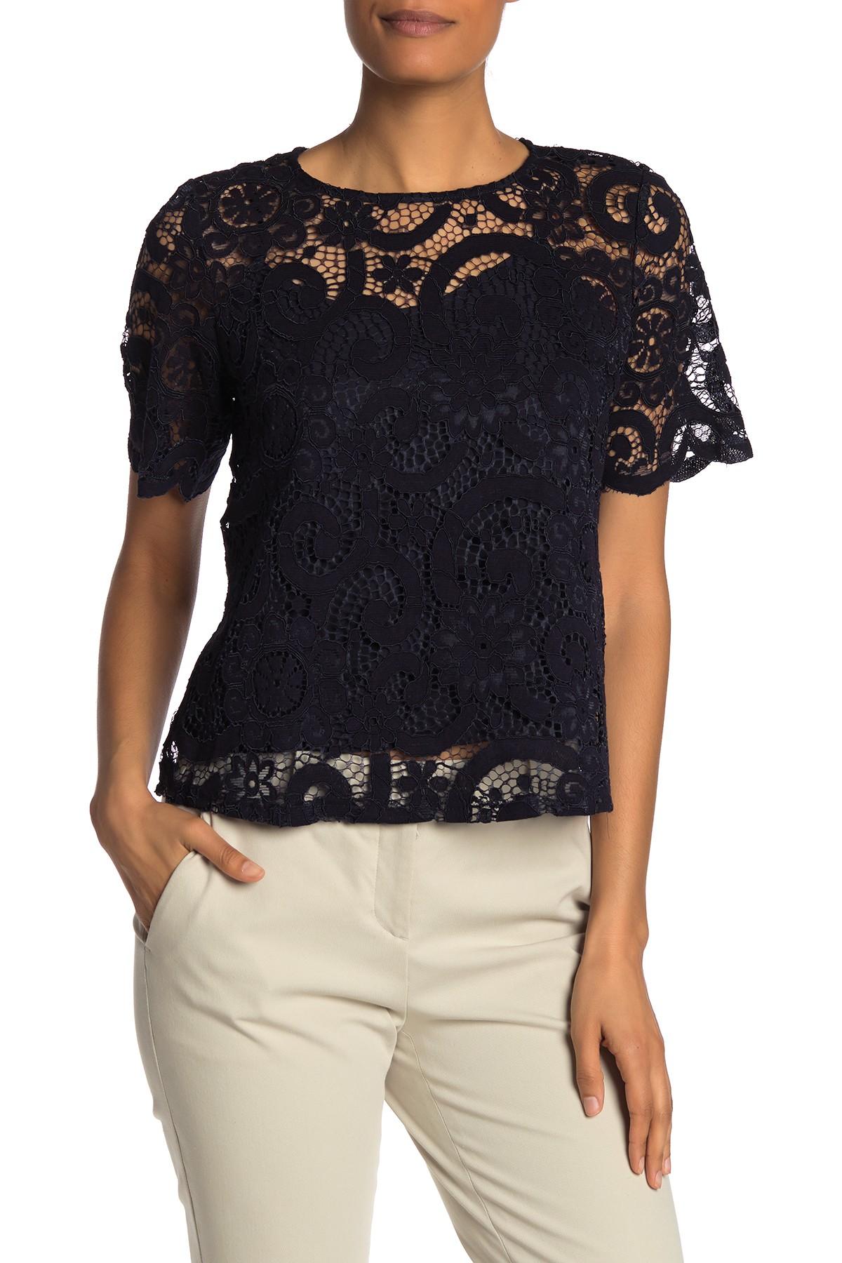 NWT Nanette Lepore Black Short Sleeve Lace Illusion Tie Bow Top Blouse Size S