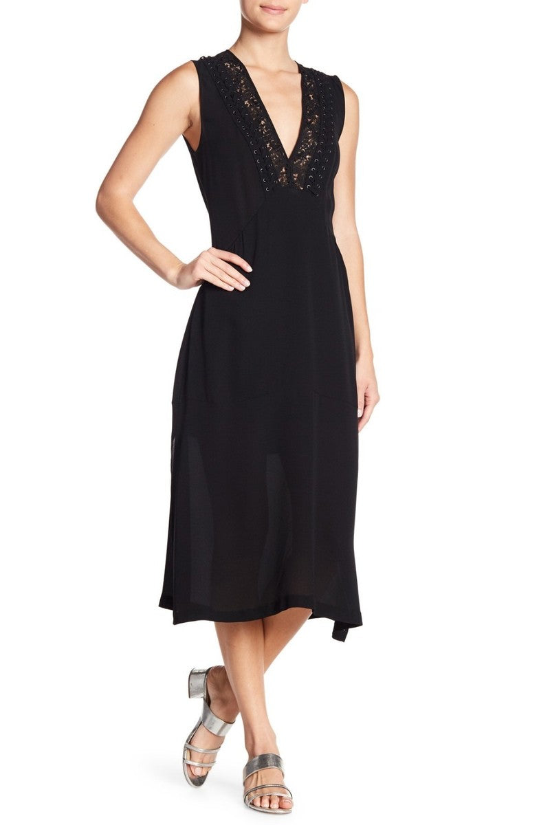 ALC A.L.C. Black Lace Up Grommet Plunge V Neck Silk Araya Midi Dress Size 2