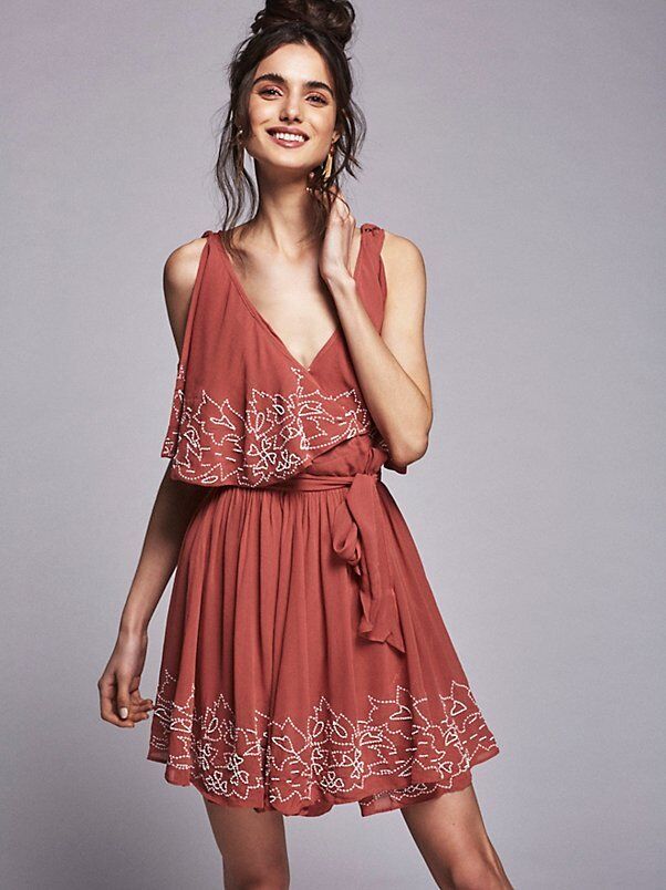 Free People Sylvia Sequin Beaded Flounce Mini Wrap Dress Size XS Rust White