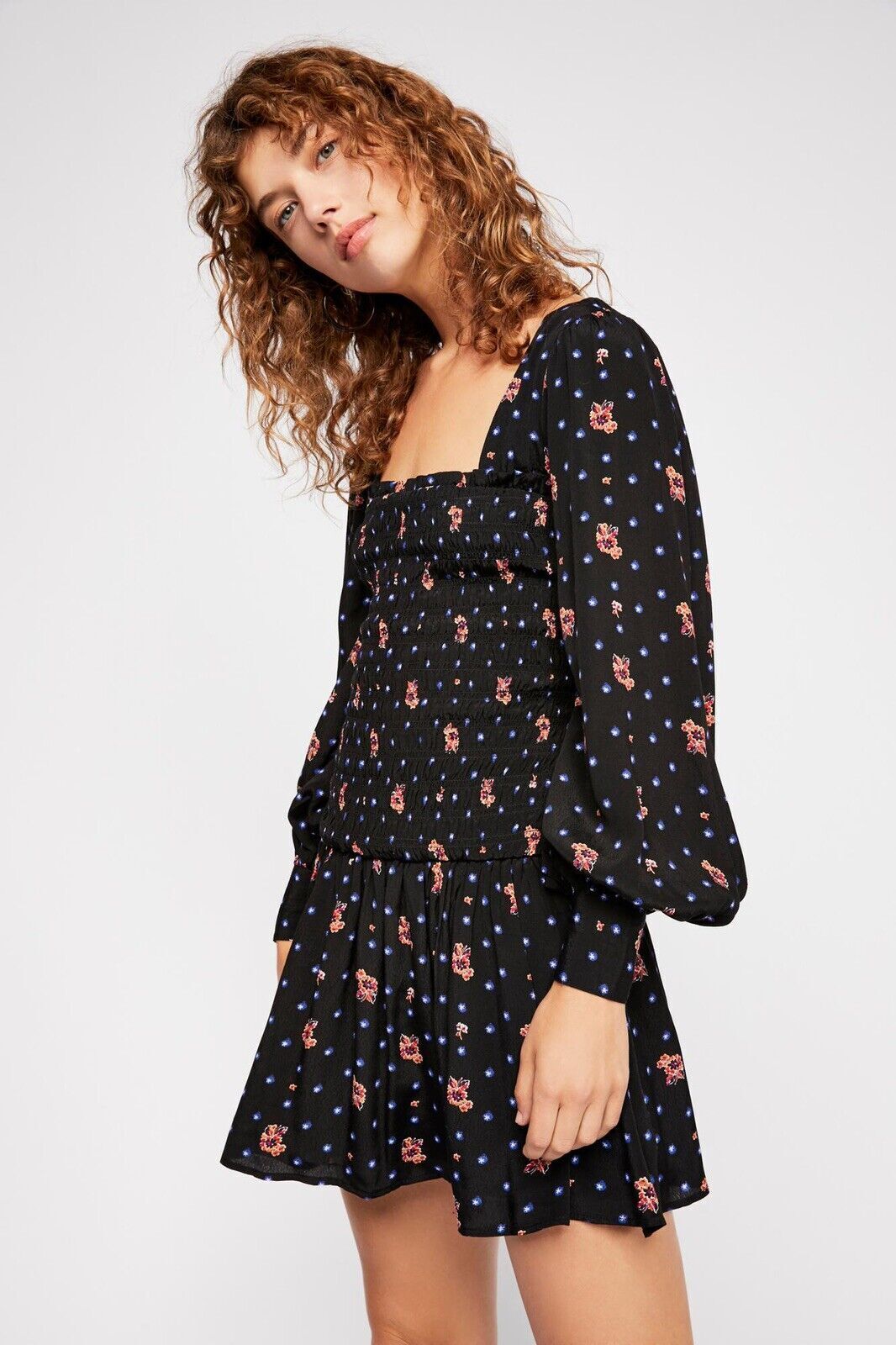 Free People Two Faces Black Smocked Printed Mini Dress Long Sleeve Size S Floral
