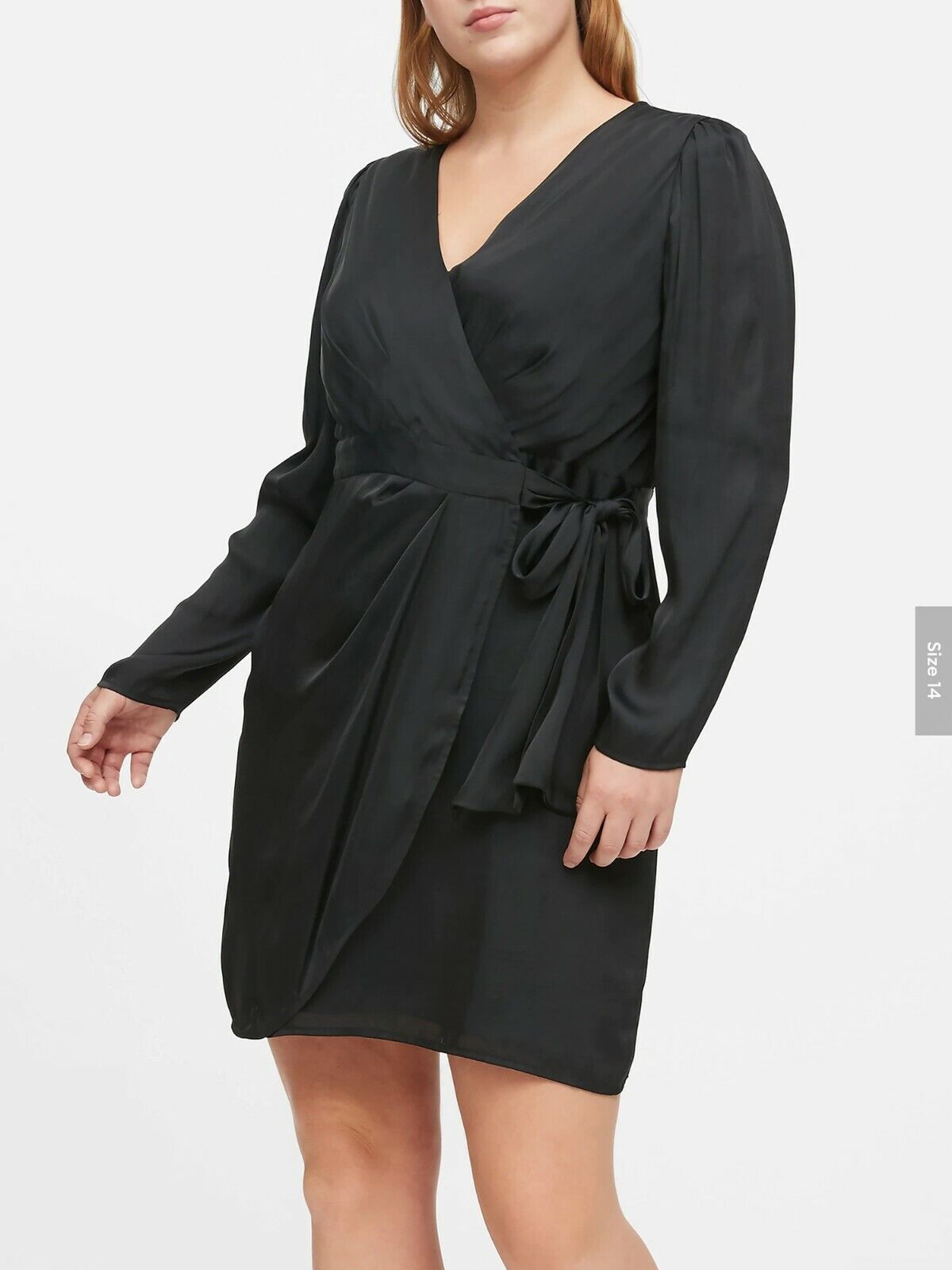 NWT Banana Republic Womens Solid Black Puff Sleeve Wrap Tie Dress Size 12