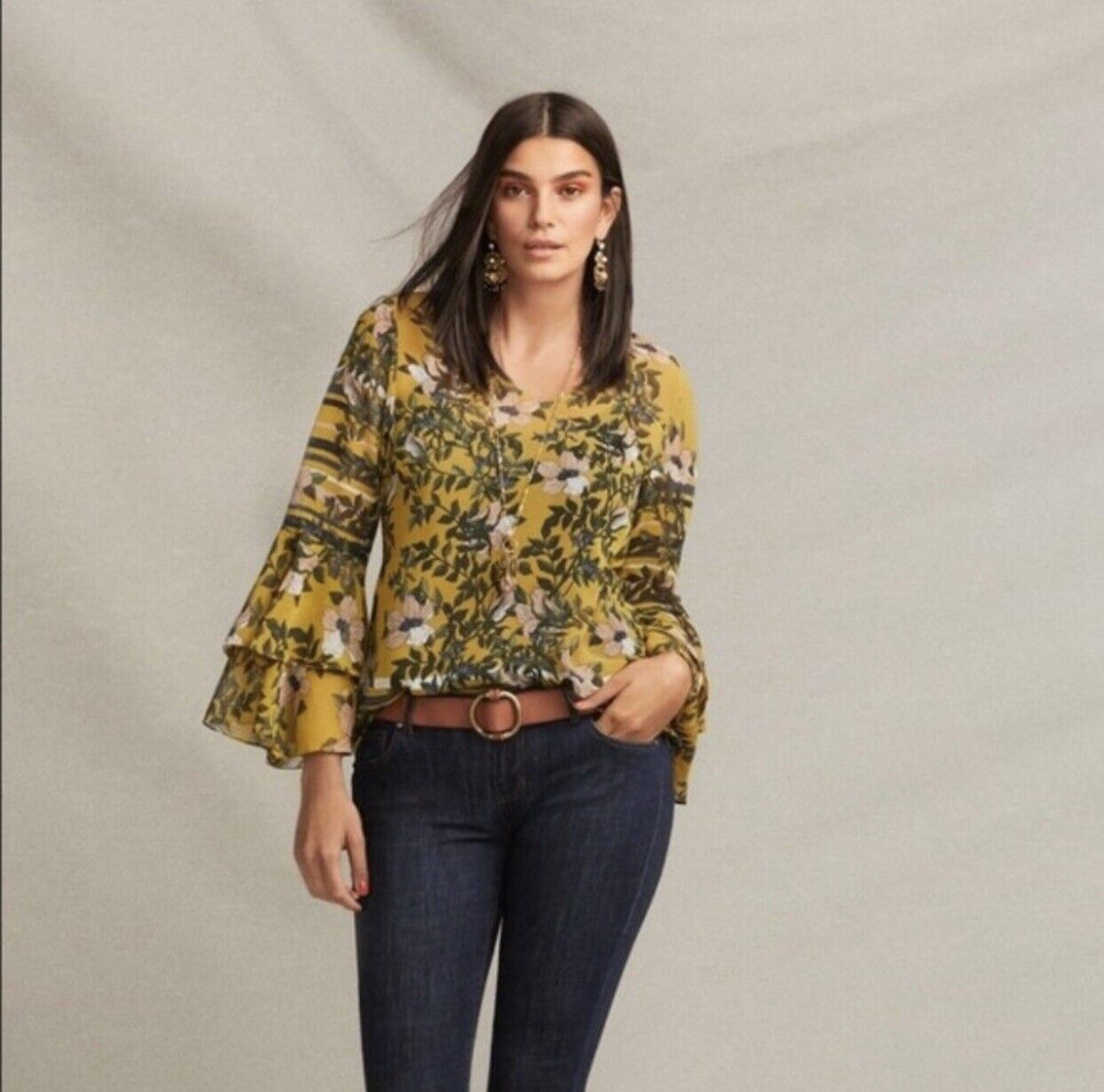 CAbi Spring Scene Yellow Semi Sheer Floral Ruffle Bell Sleeve Top Blouse Size XS