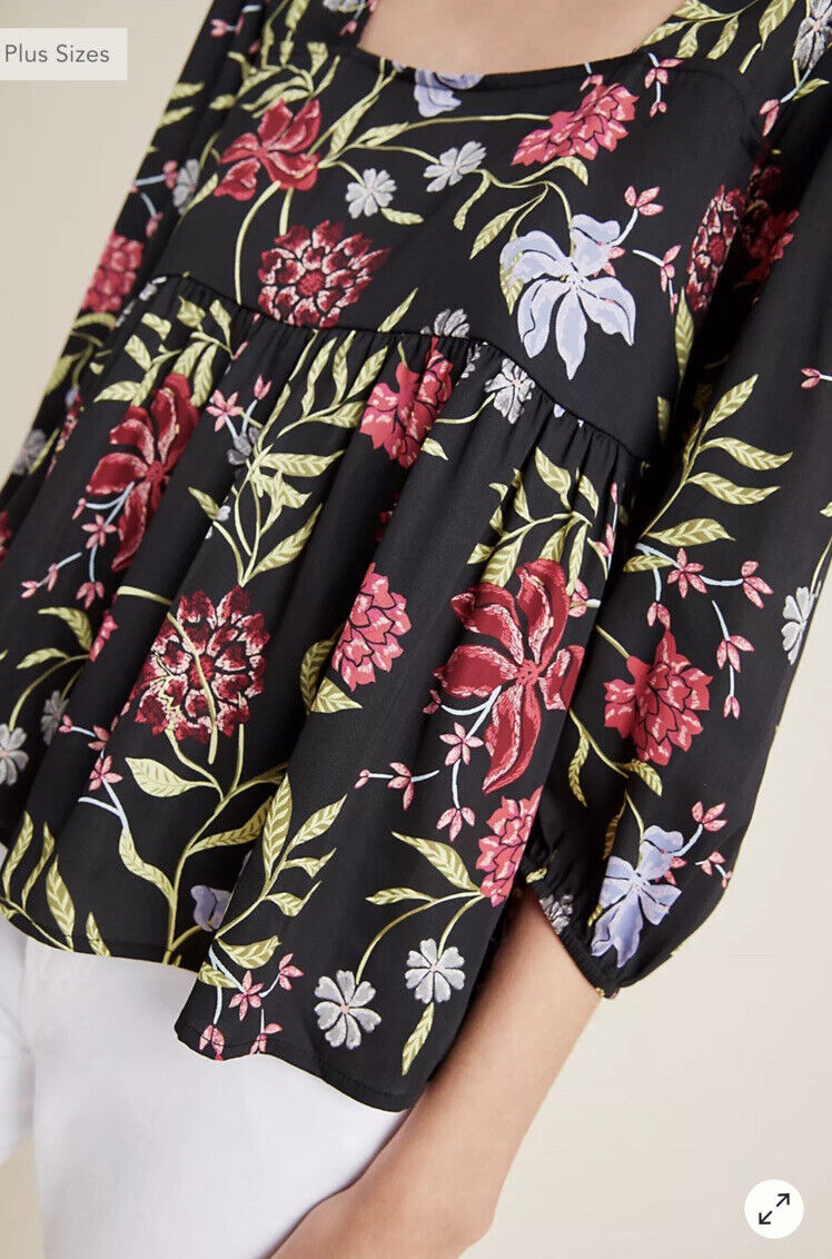 Dolan Anthropologie Cherie Black Floral Babydoll Top Blouse Size S Square Neck
