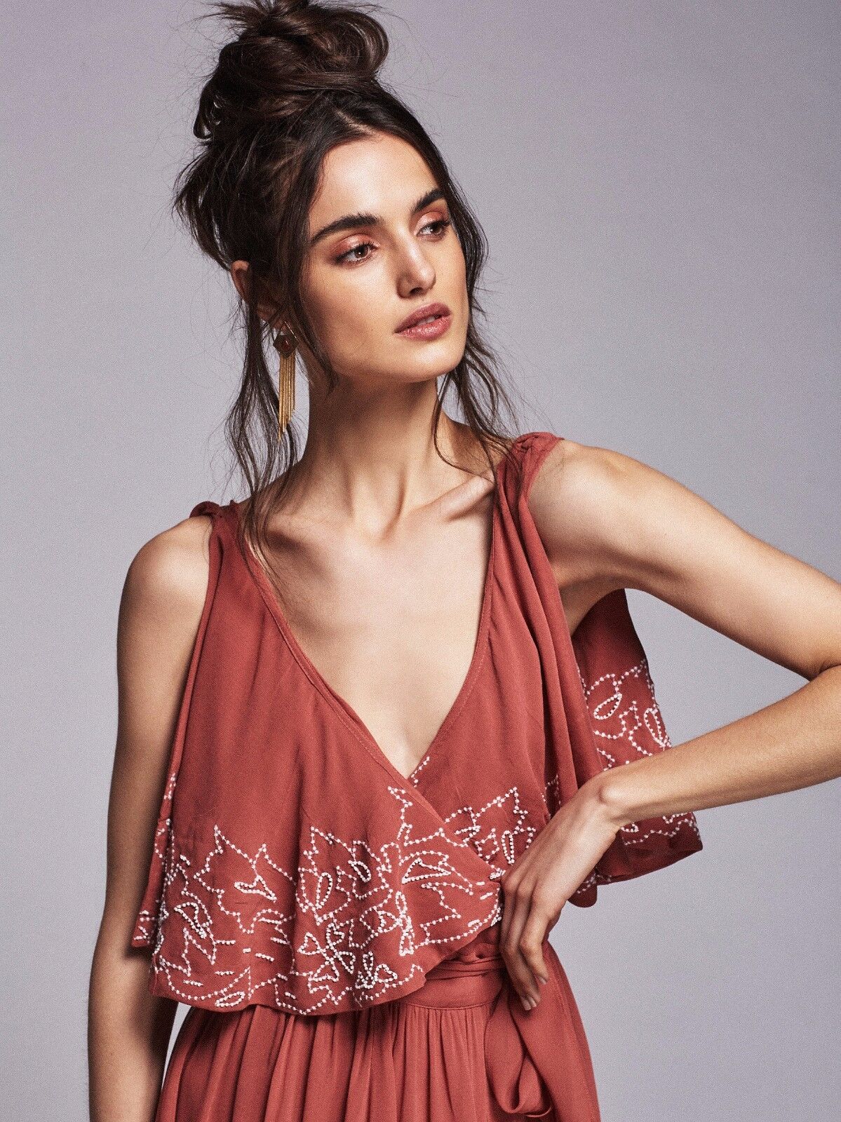 Free People Sylvia Sequin Beaded Flounce Mini Wrap Dress Size XS Rust White