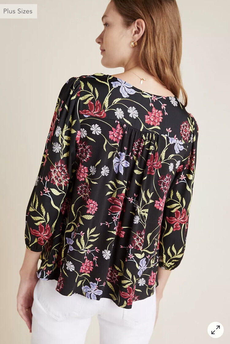 Dolan Anthropologie Cherie Black Floral Babydoll Top Blouse Size S Square Neck