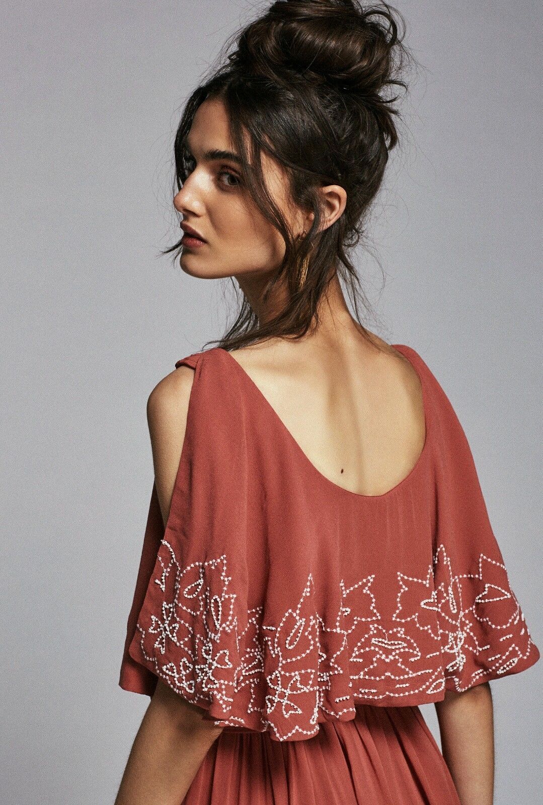 Free People Sylvia Sequin Beaded Flounce Mini Wrap Dress Size XS Rust White