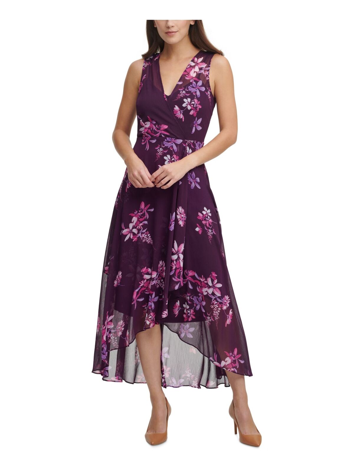 Calvin Klein Purple Floral Print V Neck Hi Lo Chiffon Maxi Dress Size 10 Womens