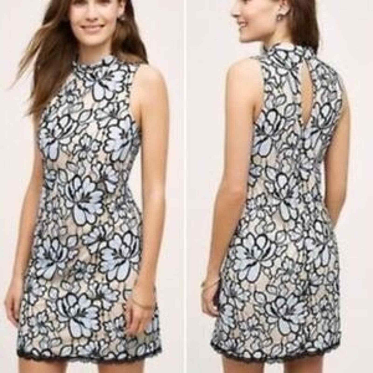 Plenty Tracy Reese Anthropologie Lin Floral Lace Mini Dress Sz 2 Mock Neck Blue