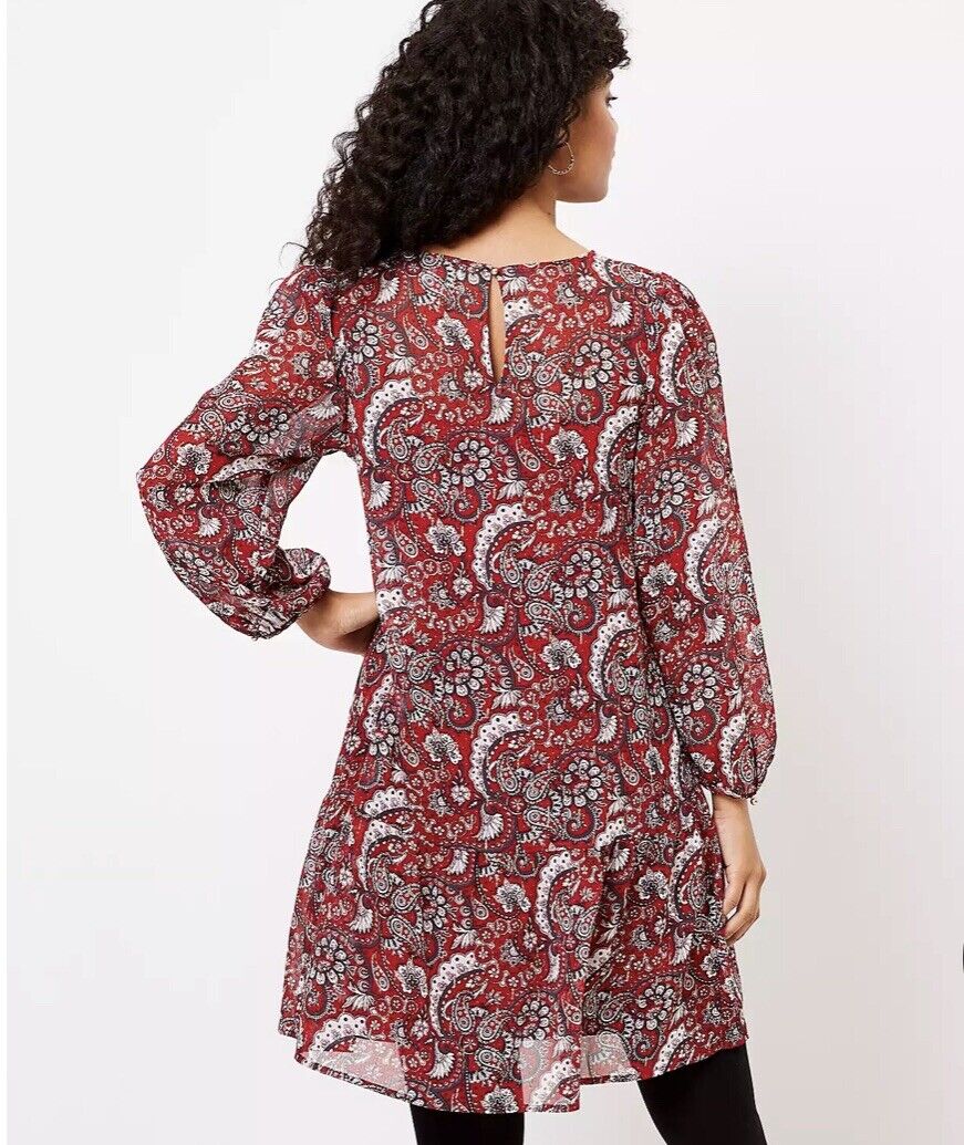 Ann Taylor Loft Red Metallic Shimmer Paisley Print Flounce Hem Shift Dress PS SP