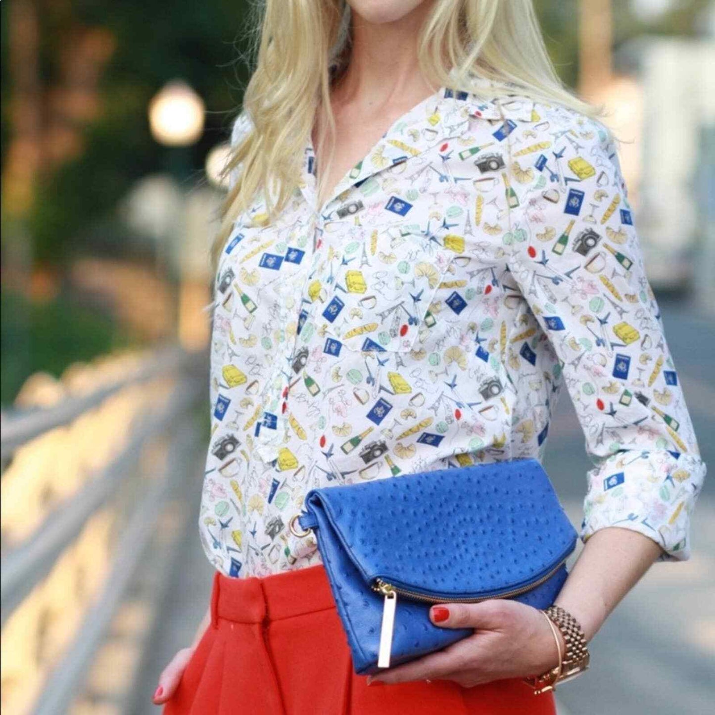 NWT J Crew White Novelty French Print Parisian Popover Blouse Top Size 2 Travel Long Sleeve