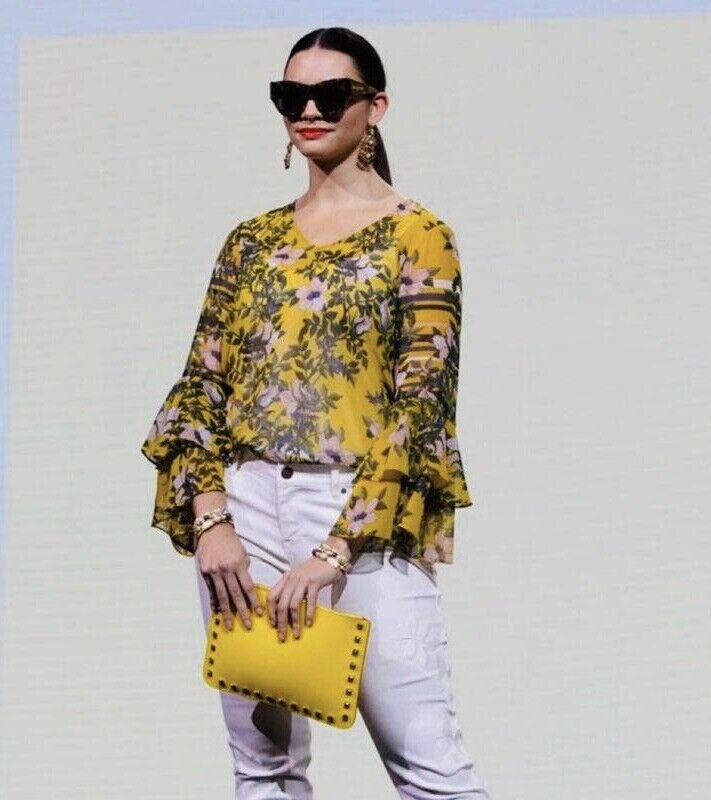 CAbi Spring Scene Yellow Semi Sheer Floral Ruffle Bell Sleeve Top Blouse Size XS