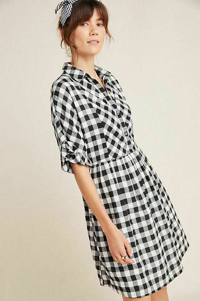 Porridge Anthropologie Dinah Black White Gingham Plaid Shirt Dress Size M