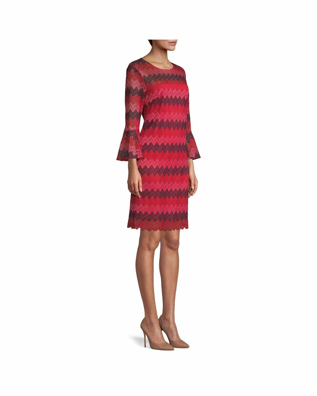 Trina Turk Lovely Chevron Striped Lace Bell Sleeve Shift Dress Size 6 Red