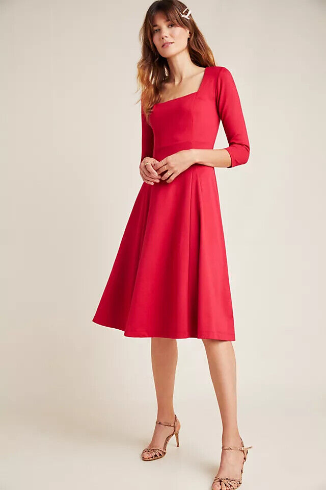 Maeve Anthropologie Jocelyn Red Ponte Knit Midi Dress Size XS A Line Square Neck