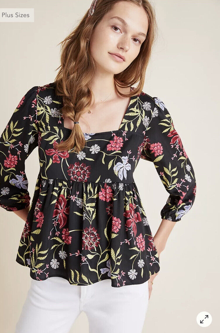 Dolan Anthropologie Cherie Black Floral Babydoll Top Blouse Size S Square Neck