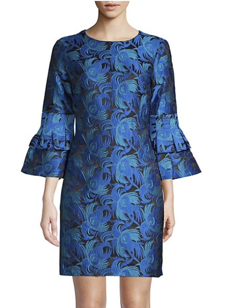 Belle Badgley Mischka Blue Peacock Feather Jacquard Bell Sleeve Cocktail Dress 2