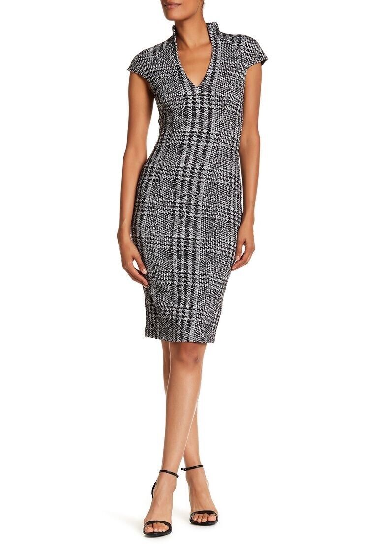 Alexia Admor Black White Glen Houndstooth Plaid Pencil Sheath Dress Sz 6 V Neck