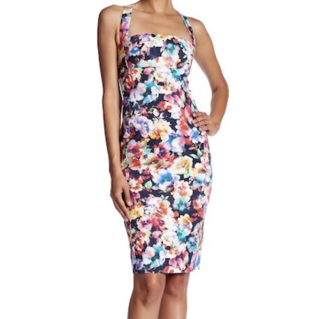 Black Halo Bryson Floral Print Cross Back Strappy Sheath Dress Size 4 Cocktail