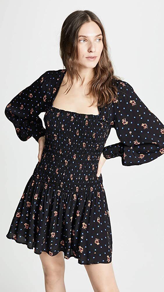 Free People Two Faces Black Smocked Printed Mini Dress Long Sleeve Size S Floral
