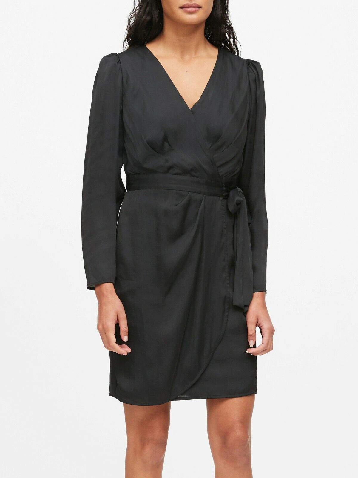 NWT Banana Republic Womens Solid Black Puff Sleeve Wrap Tie Dress Size 12