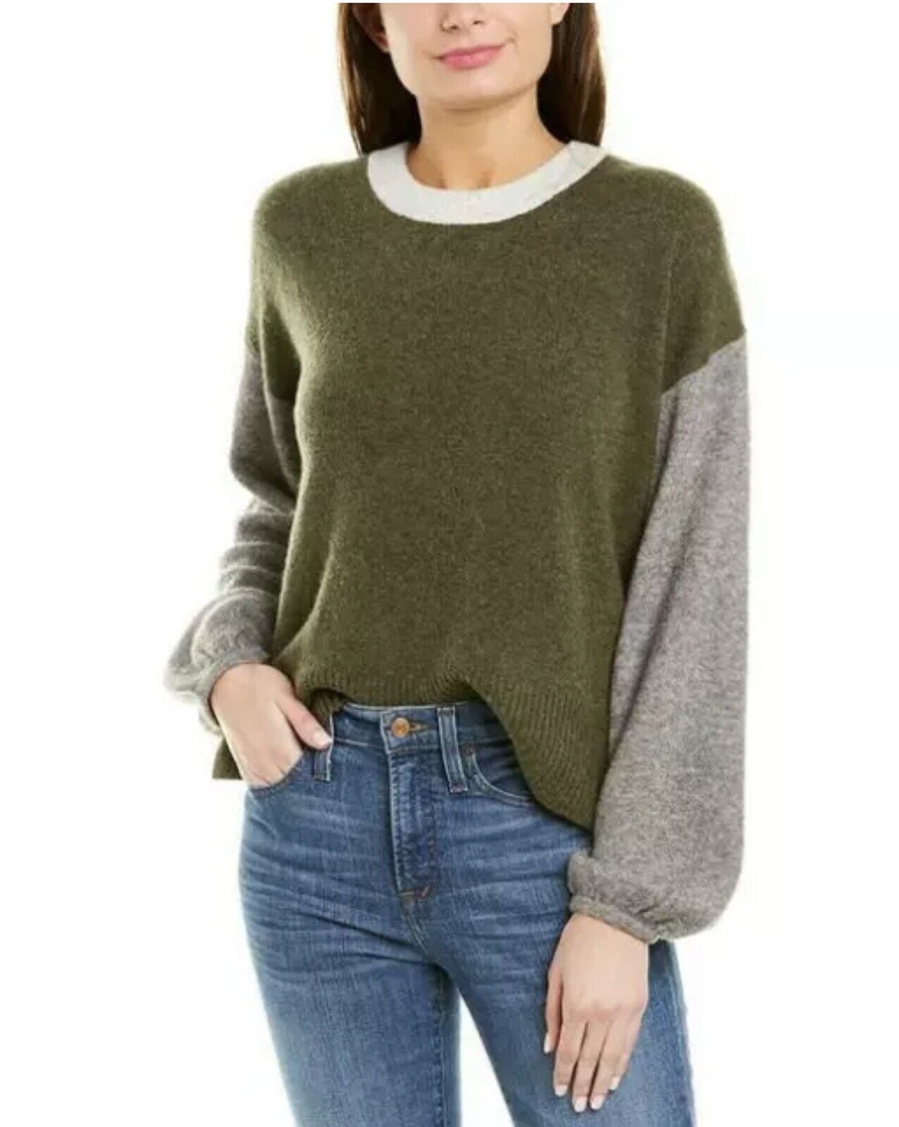 Madewell Payton Green Gray Color Block Merino Wool Alpaca Soft Sweater Size XS