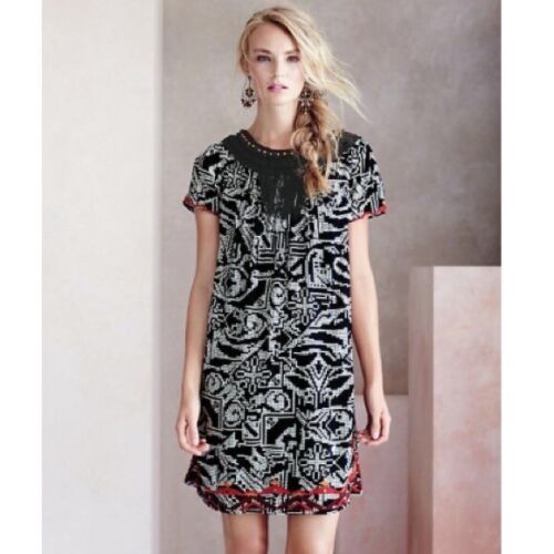 Floreat Anthropologie Abelia Geometric Embroidered Beaded Tunic Shift Dress XS