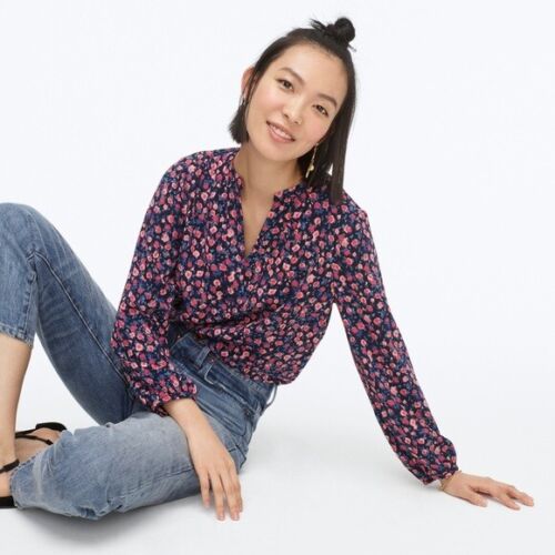 J Crew Open V Neck Crepe Top in Dotted Floral Size S Blue Pink Printed Blouse