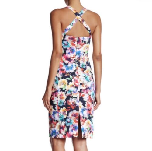 Black Halo Bryson Floral Print Cross Back Strappy Sheath Dress Size 4 Cocktail