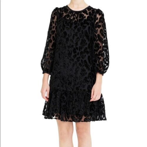 J Crew Black Metallic Leopard Burnout Velvet Shift Dress Flounce Hem Size 10P