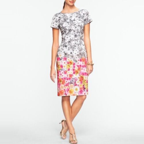 Talbots Gray Short Sleeve Ombre Floral Print Sheath Dress Size 14 Pink Yellow