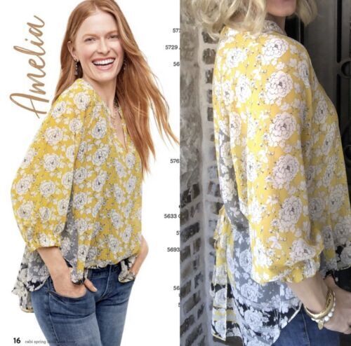 CAbi Amelia Yellow Floral Print Gathered Top Blouse Size XS Style 5173