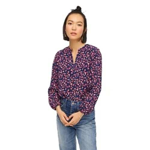 J Crew Open V Neck Crepe Top in Dotted Floral Size S Blue Pink Printed Blouse