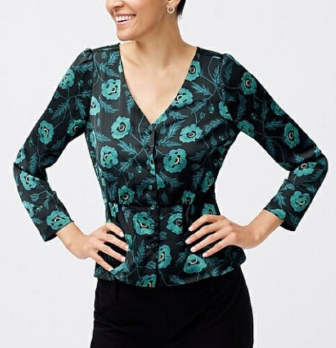 J Crew Black Teal Green Poppy Floral Print Satin Peplum Top Blouse Size 2