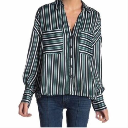 Free People Mad About You Striped Button Down Blouse Shirt Size S Green Navy Long Sleeve