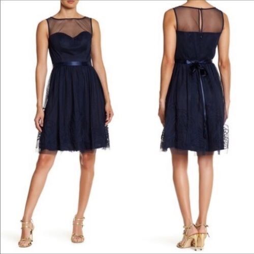 Eliza J Navy Blue Mesh Illusion Textured Fit and Flare Cocktail Party Dress Sz S
