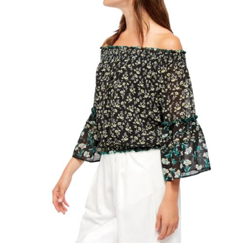 Free People Rose Valley Black Floral Print Off the Shoulder Bell Sleeve Top Sz S