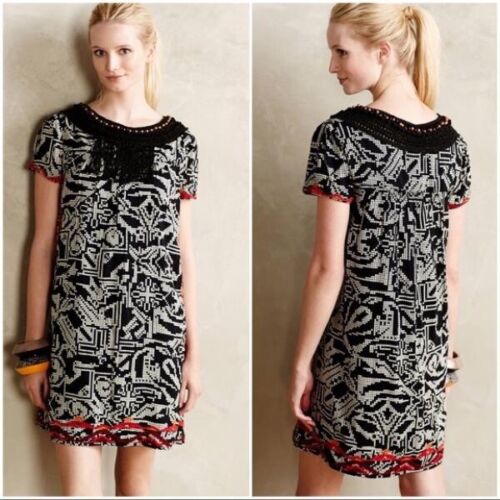 Floreat Anthropologie Abelia Geometric Embroidered Beaded Tunic Shift Dress XS