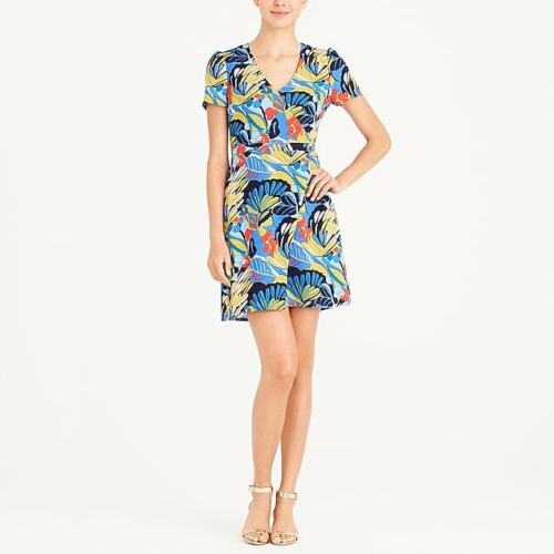 J Crew Mercantile Colorful Tropical Floral Print Faux Wrap Dress 4 V Neck Blue