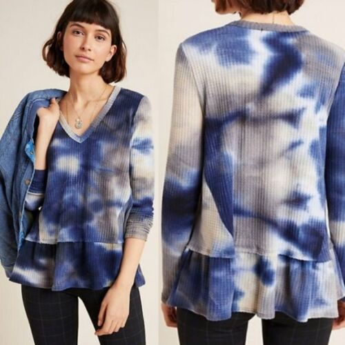 Eri + Ali Anthropologie Tallie Blue Tie Dye Thermal Knit Peplum Top Blouse Sz M long sleeve