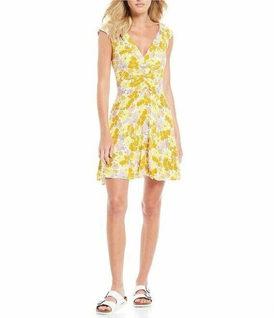 Free People Key to Your Heart Floral Ruched Knit Mini Dress Size S Yellow