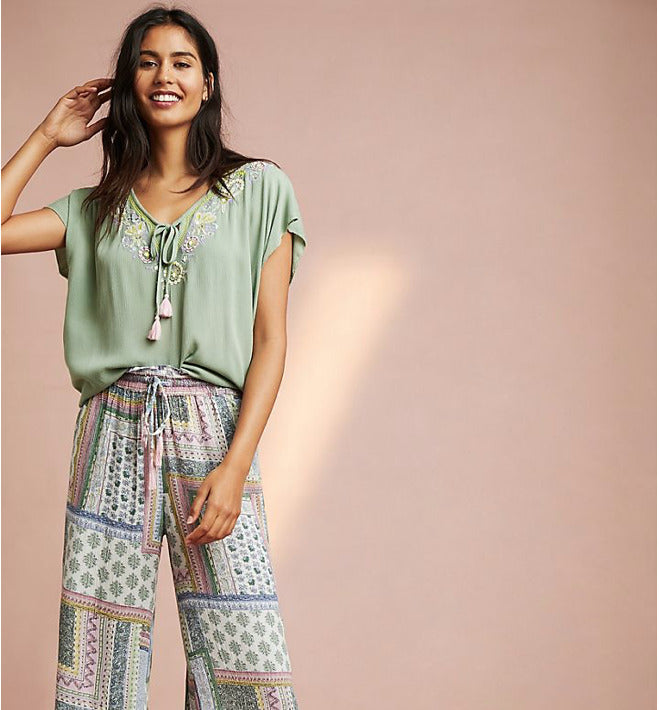 Floreat Anthropologie Persephone Green Crinkle Embroidered Top Blouse Size S