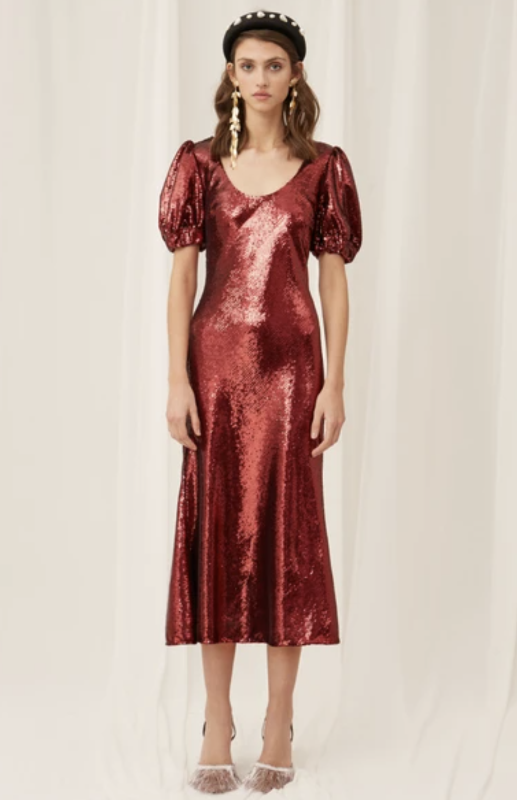 NWT Keepsake Farewell Ruby Red Sequin Midi Dress Size XS US 0 - 2 Puff Sleeve