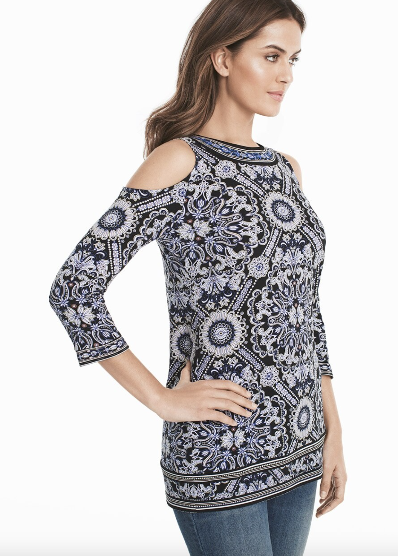 White House Black Market Blue Geometric Print Cold Shoulder Tunic Top Blouse M