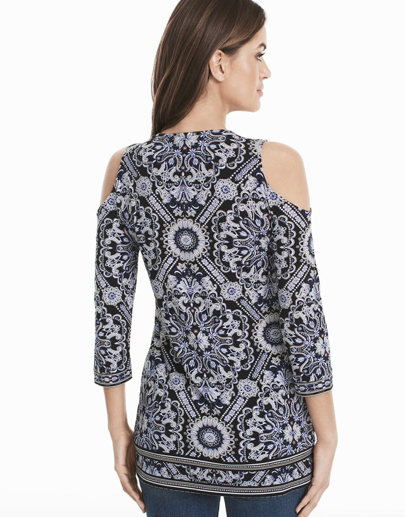 White House Black Market Blue Geometric Print Cold Shoulder Tunic Top Blouse M