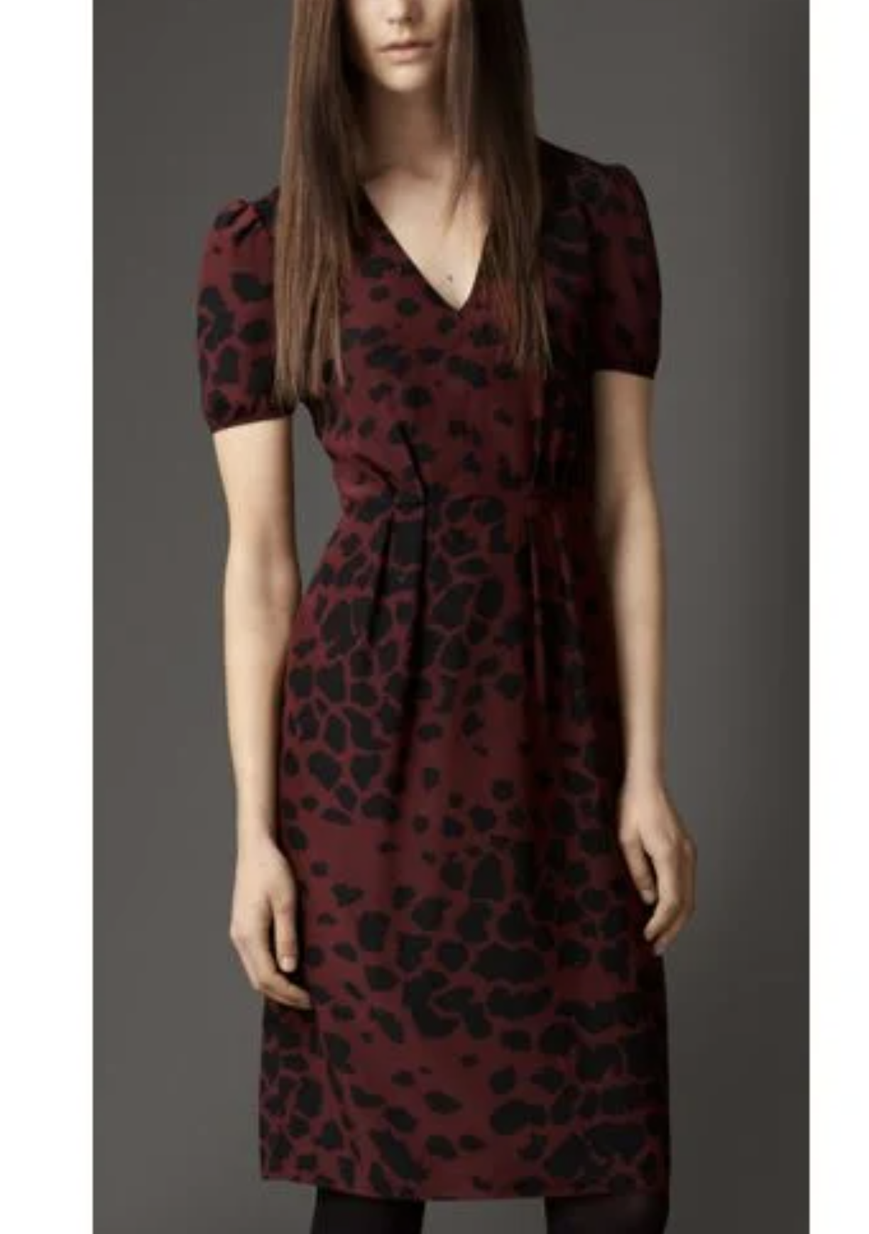 Burberry London Burgundy Red Black Leopard Print Silk V Neck Sheath Dress Size 2