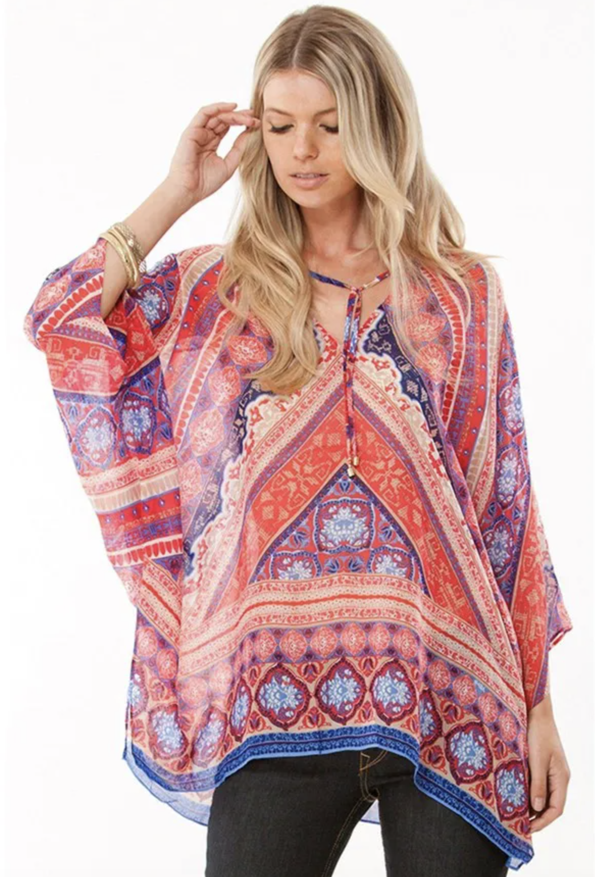 Hale Bob Dija Silk Geometric Print Poncho Caftan Style Top Blouse Size S Boho