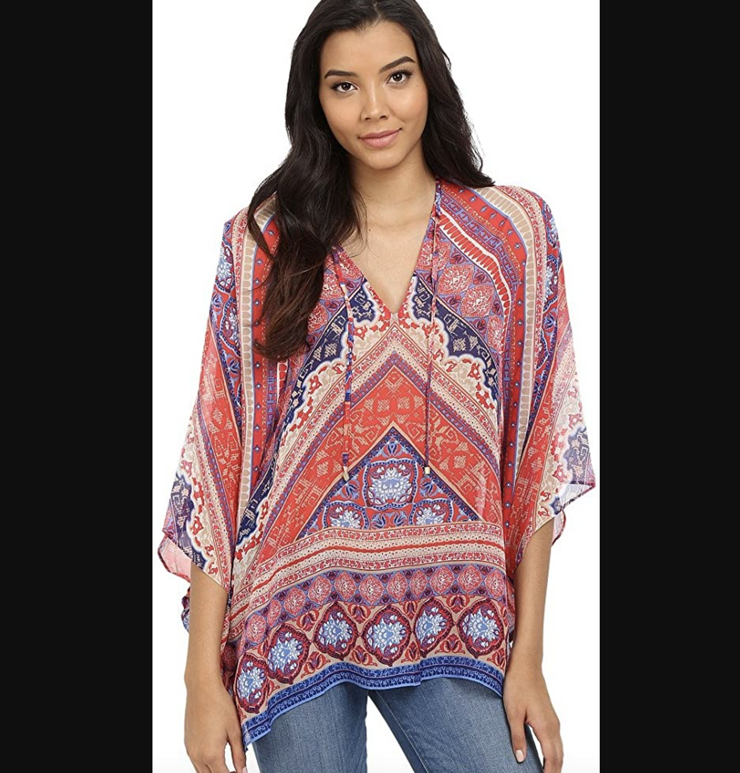 Hale Bob Dija Silk Geometric Print Poncho Caftan Style Top Blouse Size S Boho