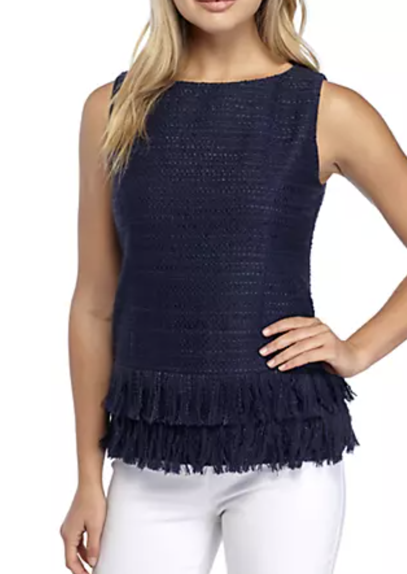 NWT Sail to Sable Navy Blue Nubby Tweed Fringe Trim Tank Top Blouse Size S